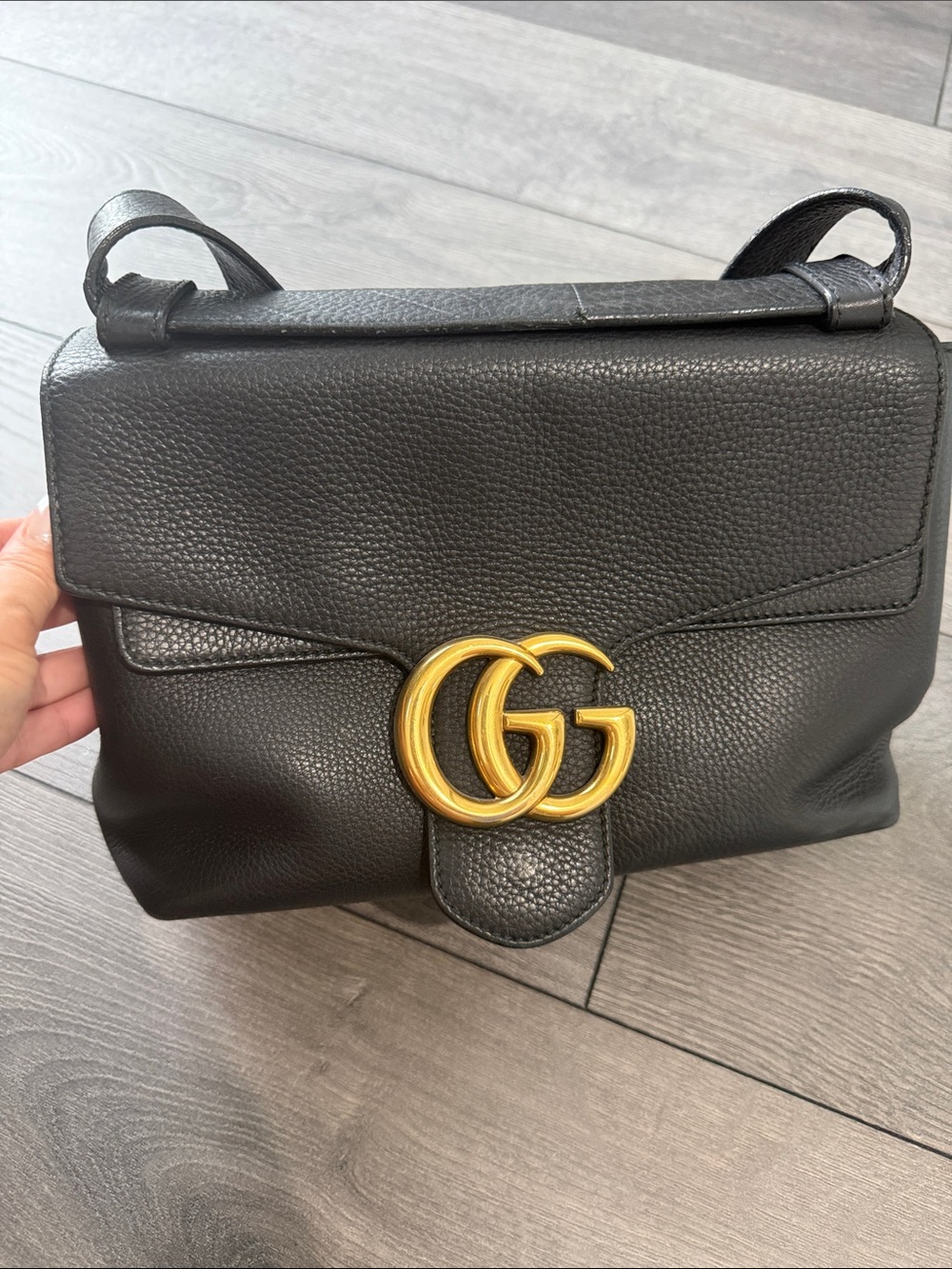 Gucci GG Marmont Large Flap Shoulder Bag — Black Pebbled Leather, Gold Hardware